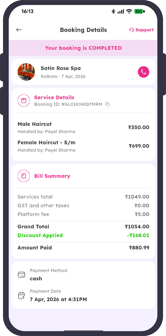Customer booking details and bill summary screen